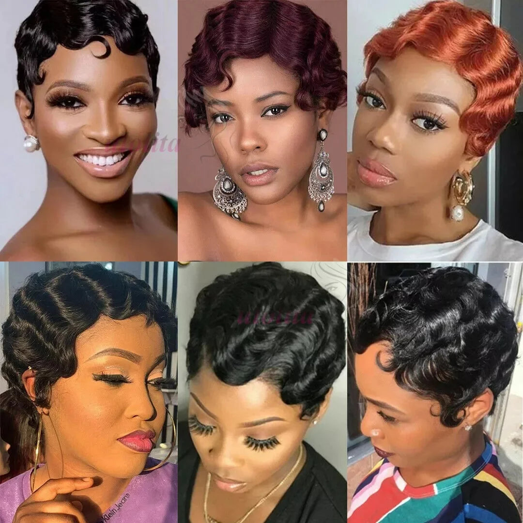 Short Finger Wave Wig Brazilian Human Hair Wig For Women Brown Short Ocean Wave Wig Peruca 99J Burgundy Pixie Cut Machine Wigs