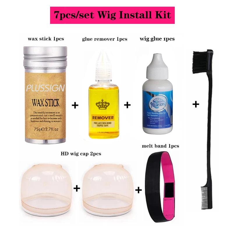 Wig Installation Kit 7Pcs/Set White Wig Glue And Remover For Lace Front Hair Wax Stick Lace Melting Band Edge Brush Hd Wig Caps