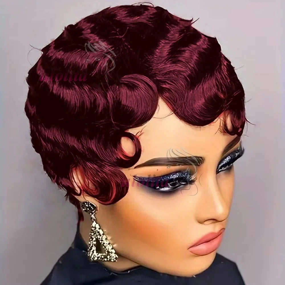 Short Finger Wave Wig Brazilian Human Hair Wig For Women Brown Short Ocean Wave Wig Peruca 99J Burgundy Pixie Cut Machine Wigs