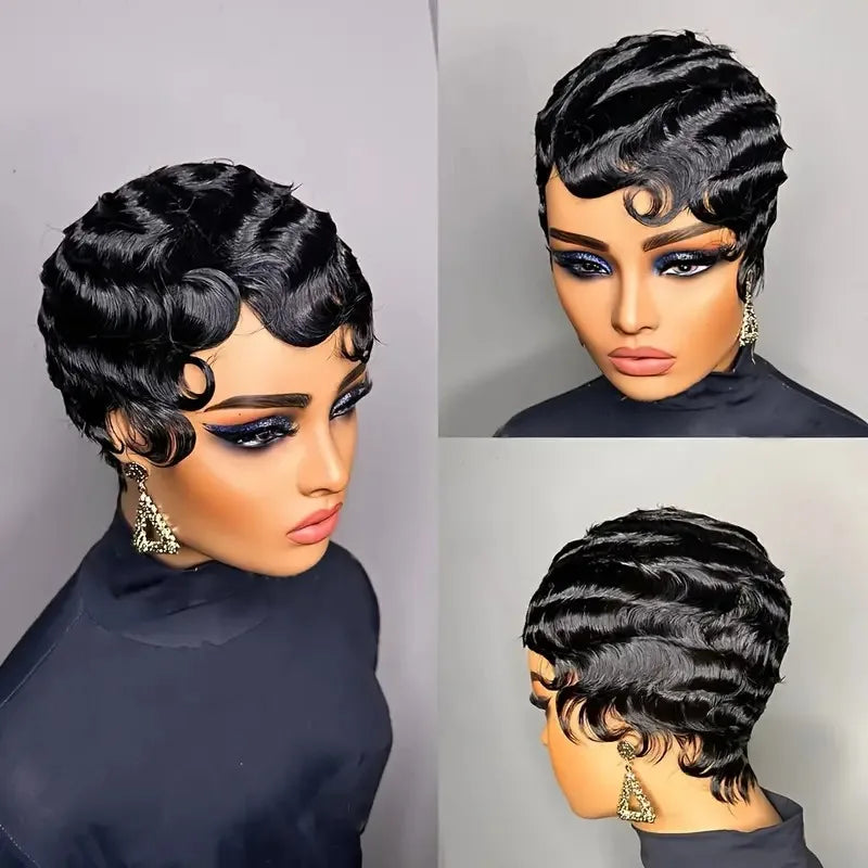 Short Finger Wave Wig Brazilian Human Hair Wig For Women Brown Short Ocean Wave Wig Peruca 99J Burgundy Pixie Cut Machine Wigs
