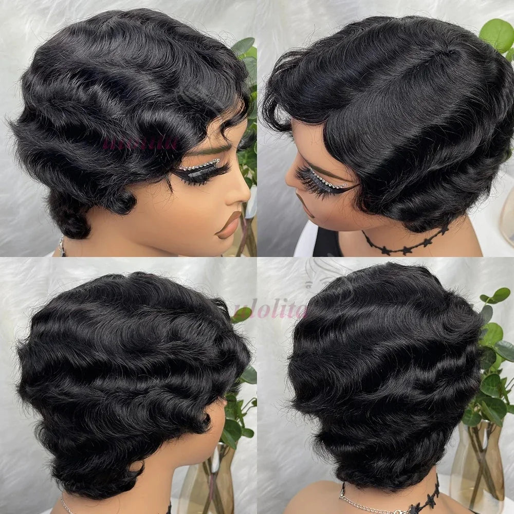 Short Finger Wave Wig Brazilian Human Hair Wig For Women Brown Short Ocean Wave Wig Peruca 99J Burgundy Pixie Cut Machine Wigs