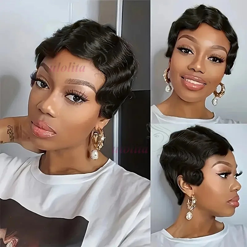Short Finger Wave Wig Brazilian Human Hair Wig For Women Brown Short Ocean Wave Wig Peruca 99J Burgundy Pixie Cut Machine Wigs
