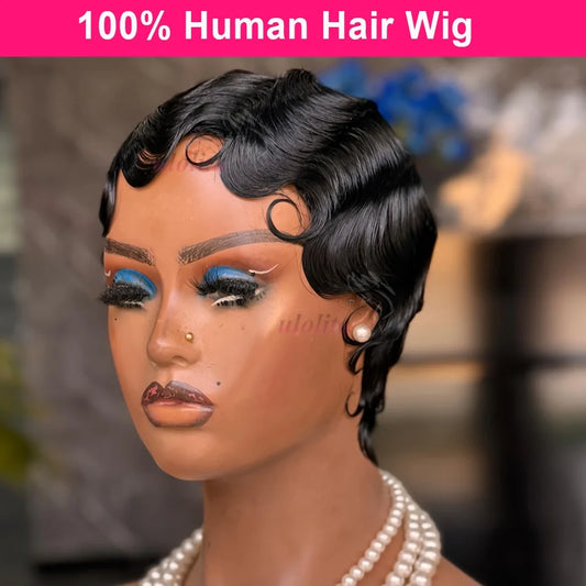 Short Finger Wave Wig Brazilian Human Hair Wig For Women Brown Short Ocean Wave Wig Peruca 99J Burgundy Pixie Cut Machine Wigs