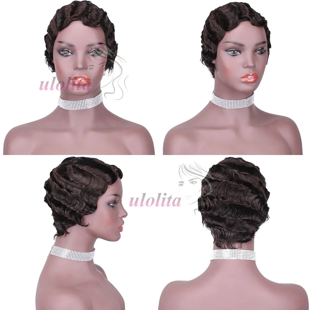 Short Finger Wave Wig Brazilian Human Hair Wig For Women Brown Short Ocean Wave Wig Peruca 99J Burgundy Pixie Cut Machine Wigs