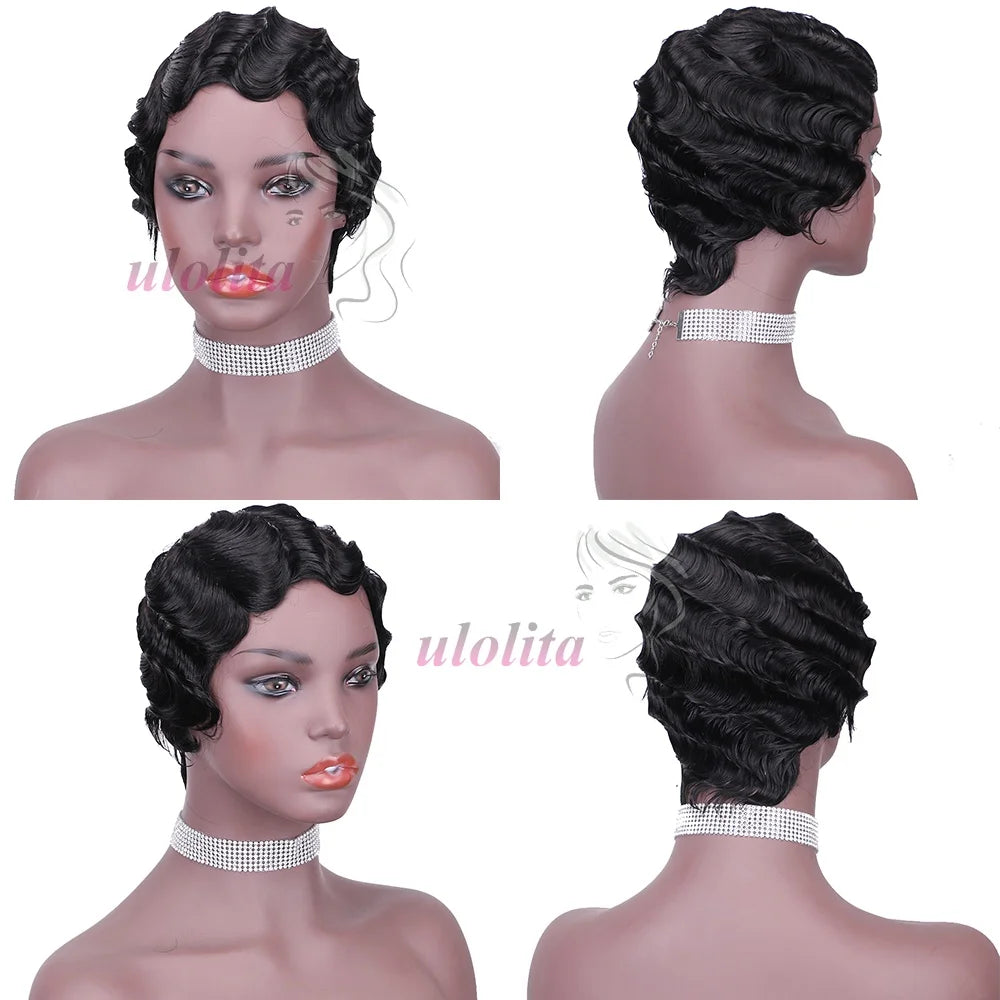 Short Finger Wave Wig Brazilian Human Hair Wig For Women Brown Short Ocean Wave Wig Peruca 99J Burgundy Pixie Cut Machine Wigs