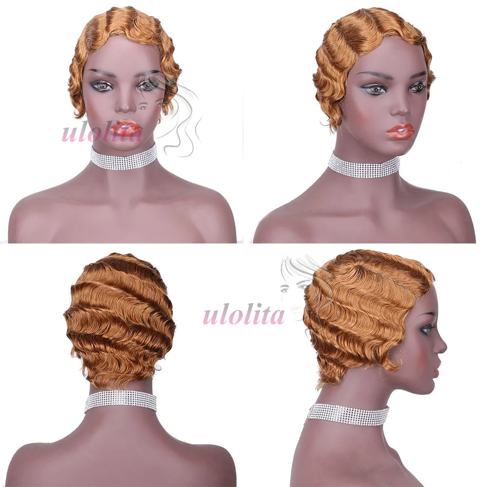 Short Finger Wave Wig Brazilian Human Hair Wig For Women Brown Short Ocean Wave Wig Peruca 99J Burgundy Pixie Cut Machine Wigs
