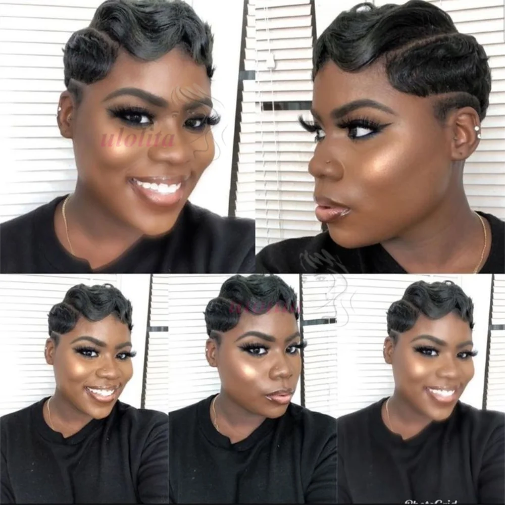 Short Finger Wave Wig Brazilian Human Hair Wig For Women Brown Short Ocean Wave Wig Peruca 99J Burgundy Pixie Cut Machine Wigs