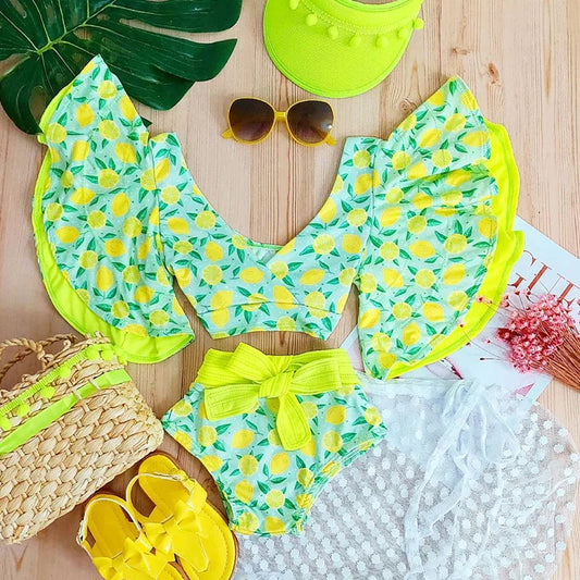 1-6Y Kids Swimwear Girls Bikini Sets Summer Lemon Printed Flare Sleeve Bowknot Bathing Suits Children Beachwear Baby Swimsuits