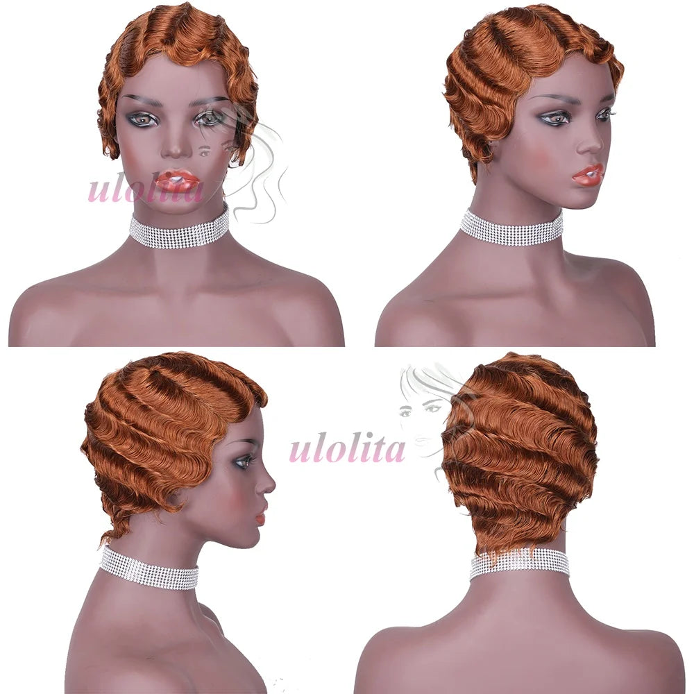 Short Finger Wave Wig Brazilian Human Hair Wig For Women Brown Short Ocean Wave Wig Peruca 99J Burgundy Pixie Cut Machine Wigs